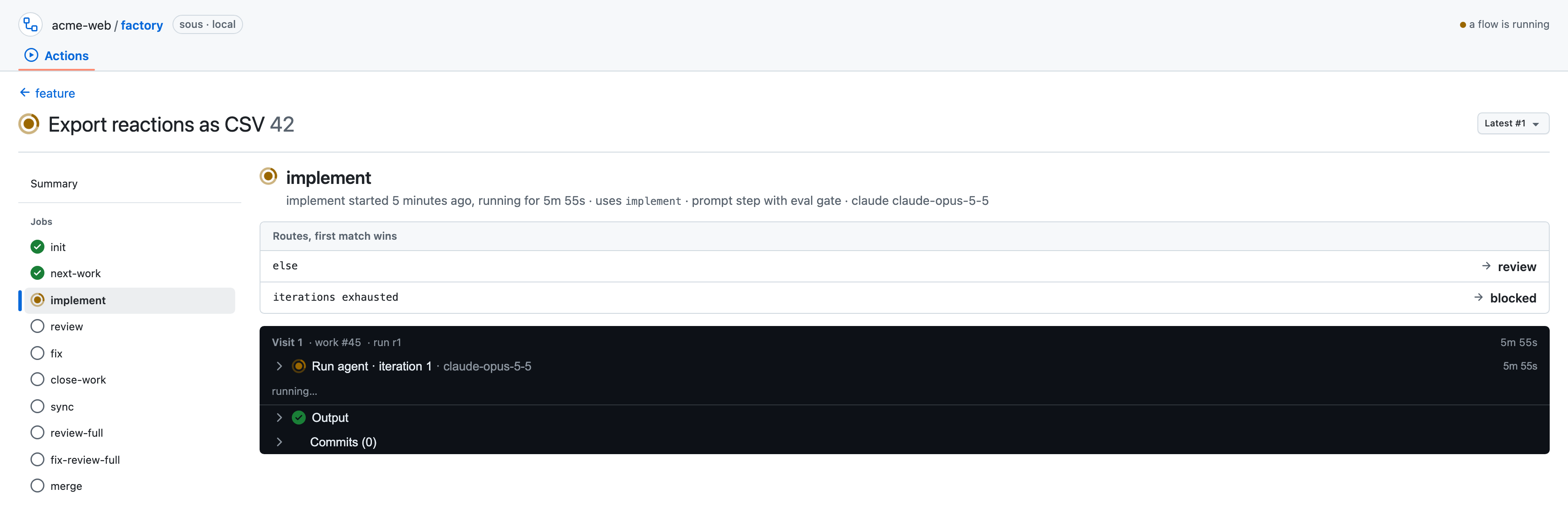 sous ui step view for implement: routes with first match wins, the current visit, the running agent and its output